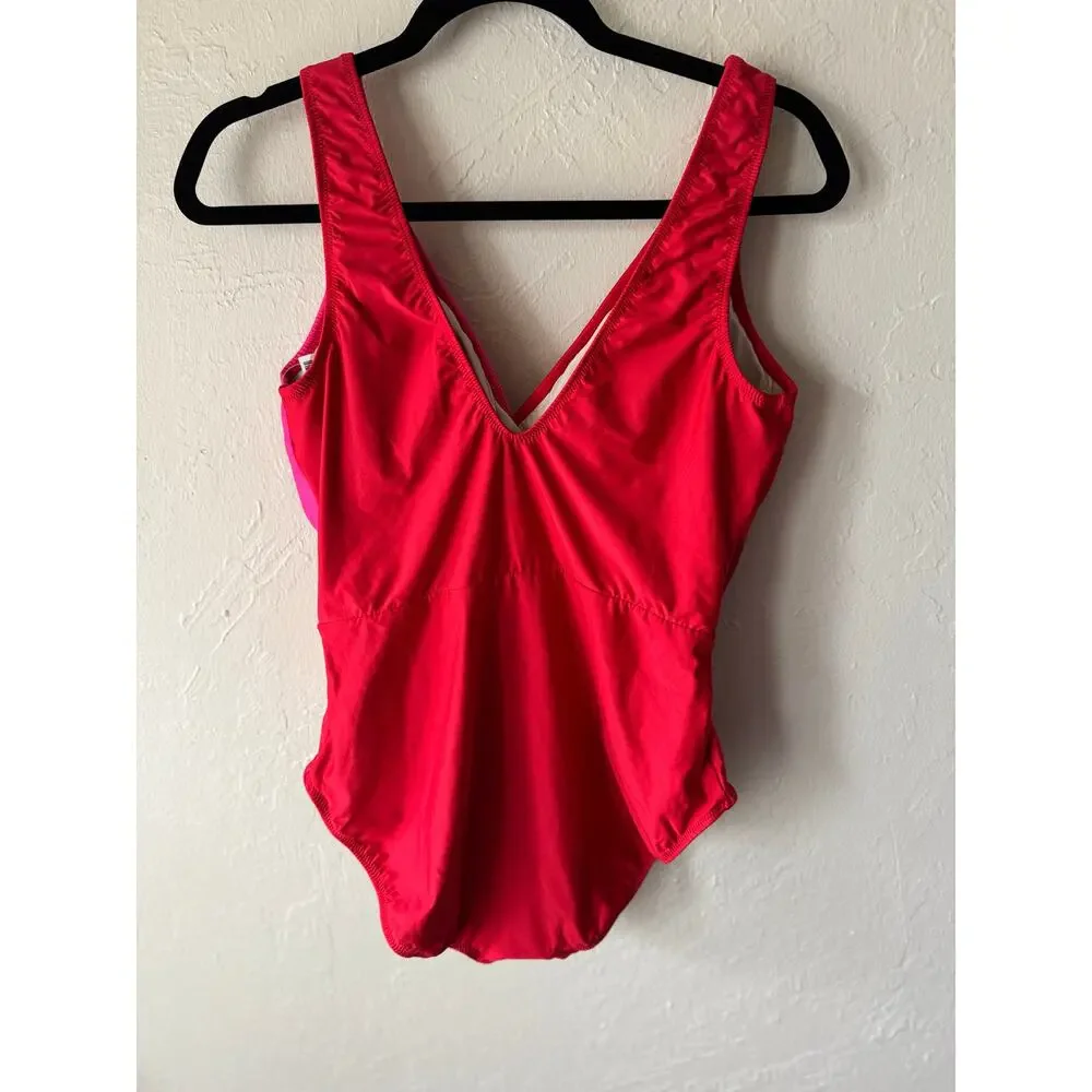 NWT Hermoza Pink and Red Color Block V-Neck One Piece Swimsuit Size 14